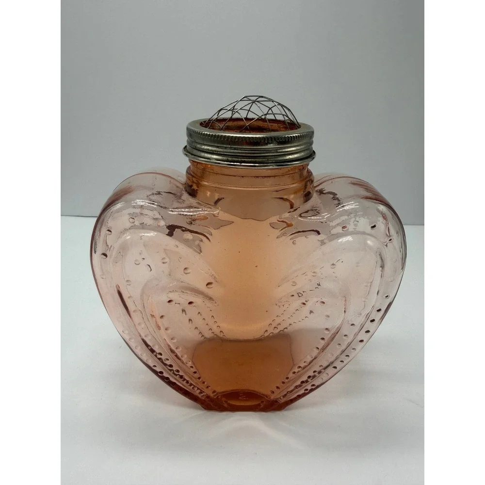 Vintage Pink Glass Heart Floral Frog Vase Embossed Hobnail Romantic Decor 6in